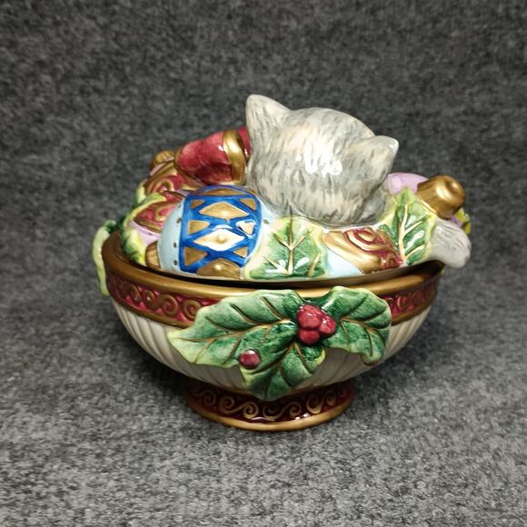 Fitz And Floyd Christmas Cat Trinket Box Porcelain Holiday Kitten Lid Candy Dish - Picture 6 of 11